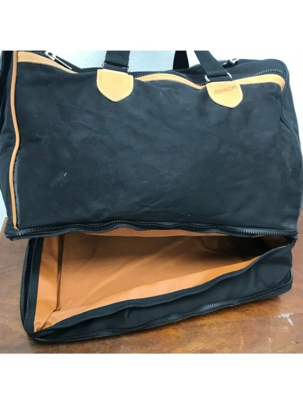 ATHALON Black Canvas Duffle Bag Shoulder Strap Expandable Leather Trim 19X15X13